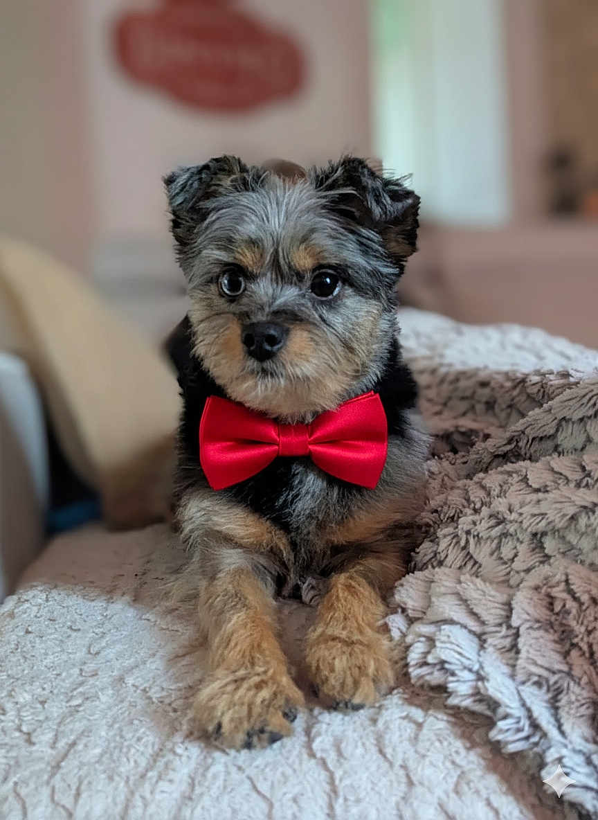 Volky participe au concours pour gagner de l'argent avec cette photo : dog, puppy, bow_tie, fluffy, cute, pet, indoor, blanket, fur, small_dog, adorable, lying_down, cozy, animal, face, ears, paws, young, domestic_animal, companion
