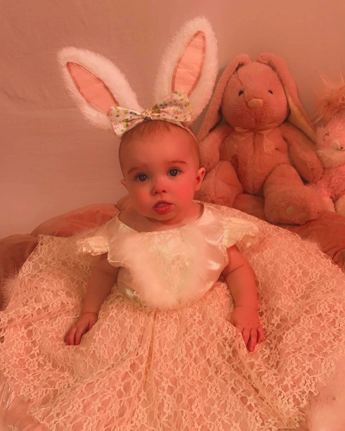 Anastasia joined the competition — help win amazing prizes! baby, baby_toddler_clothing, child, ear, embellishment, event, fawn, fur, hair_accessory, happy, mythical_creature, peach, person, pink, rabbit, rabbits_and_hares, ruffle, sitting, toy, vintage_clothing