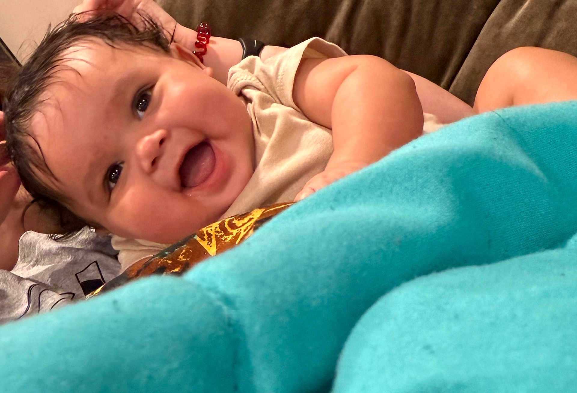 Kamari joined the competition — help win amazing prizes! baby, smiling, happy, infant, face, closeup, blanket, couch, person, child, joy, cute, skin, expression, indoor, comfort, toddler, clothing, head, hand