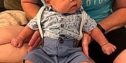 Kamari joined the competition — help win amazing prizes! baby, infant, child, person, sitting, clothing, shirt, shorts, suspenders, barefoot, blanket, adult, hands, couch, indoor, portrait, cute, curious, soft, cozy