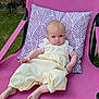 Aria joined the competition — help win amazing prizes! baby, infant, child, pink_chair, pillow, yellow_outfit, outdoor, grass, lawn, patterned_pillow, relaxing, cute, portrait, person, sitting, footwearless, summer, garden, expression, clothing