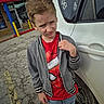 Koltyn is registered to the contest to win money with this photo: boy, car, casual, child, daylight, door_handle, expression, hair, jacket, jeans, outdoor, parking_lot, pavement, person, spiderman, standing, storefront, tshirt, vehicle, window