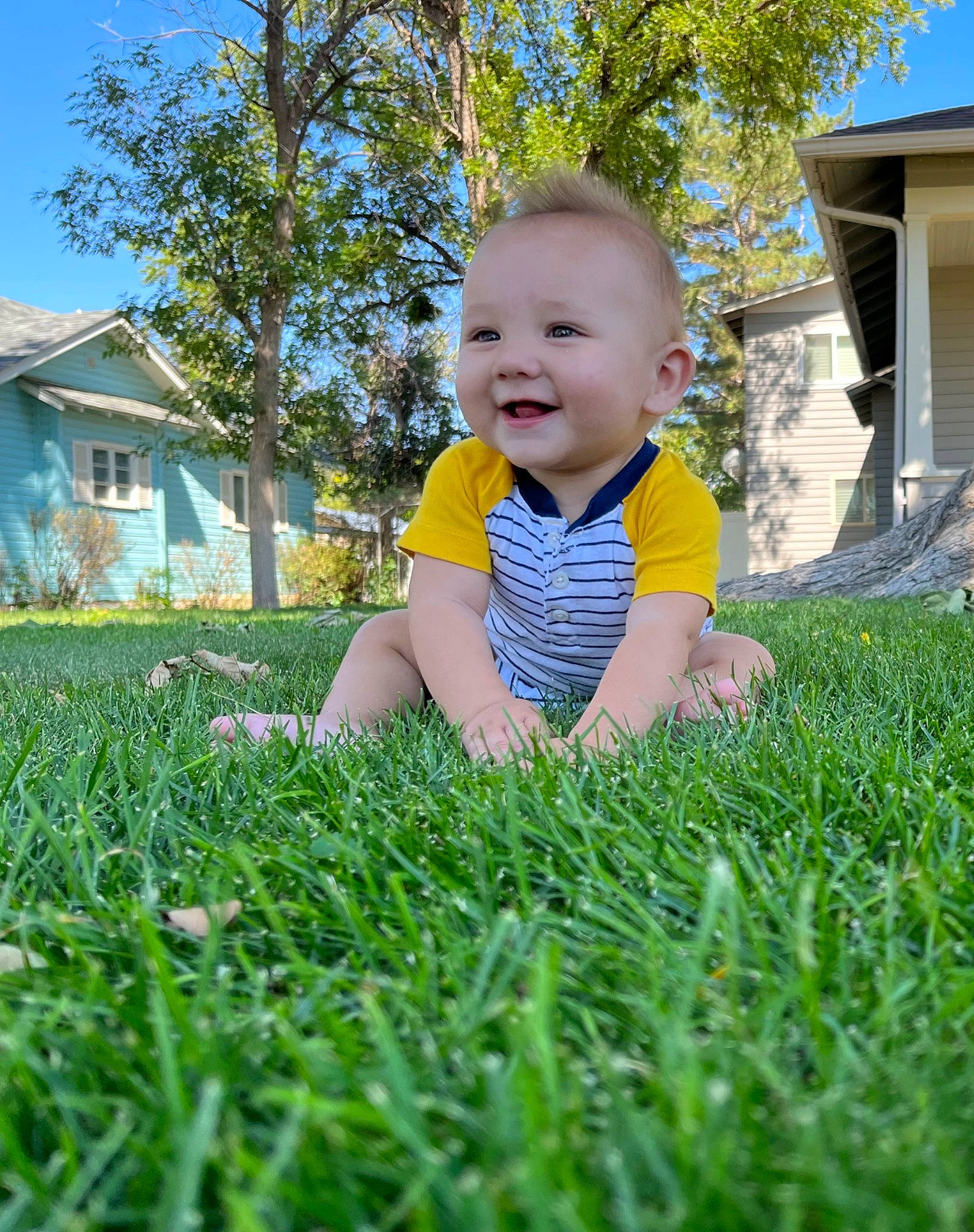 Matthew is registered to the contest to win money with this photo: baby, baby_toddler_clothing, flooring, fun, grass, grass_family, grassland, happy, house, joy, leaf, leisure, meadow, people_in_nature, person, plant, sky, smile, sunlight, toddler