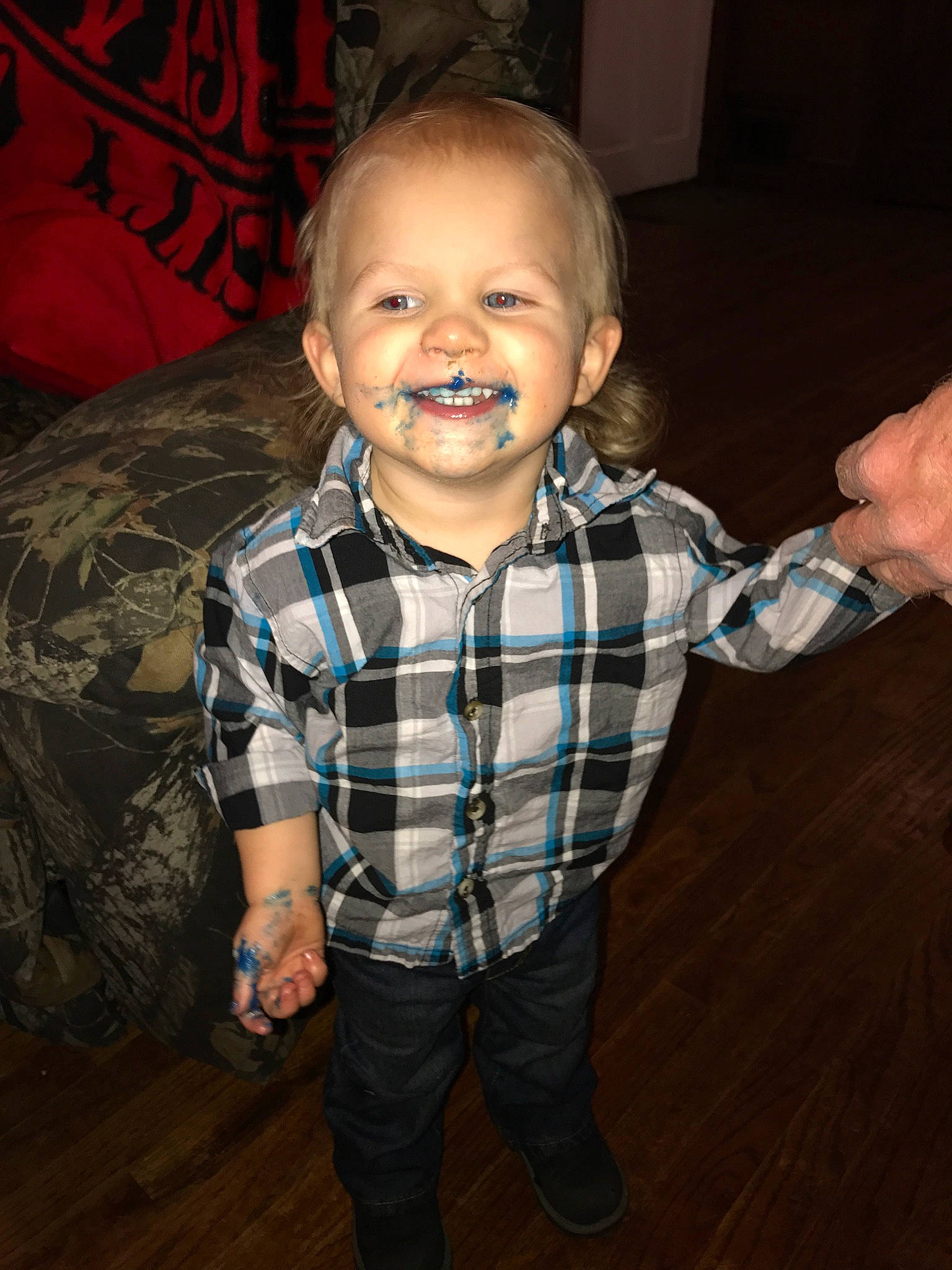 Cory joined the competition — help win amazing prizes! baby, cheek, child, design, face, facial_expression, fun, head, iris, joy, laugh, pattern, people, person, plaid, sitting, skin, smile, standing, tartan