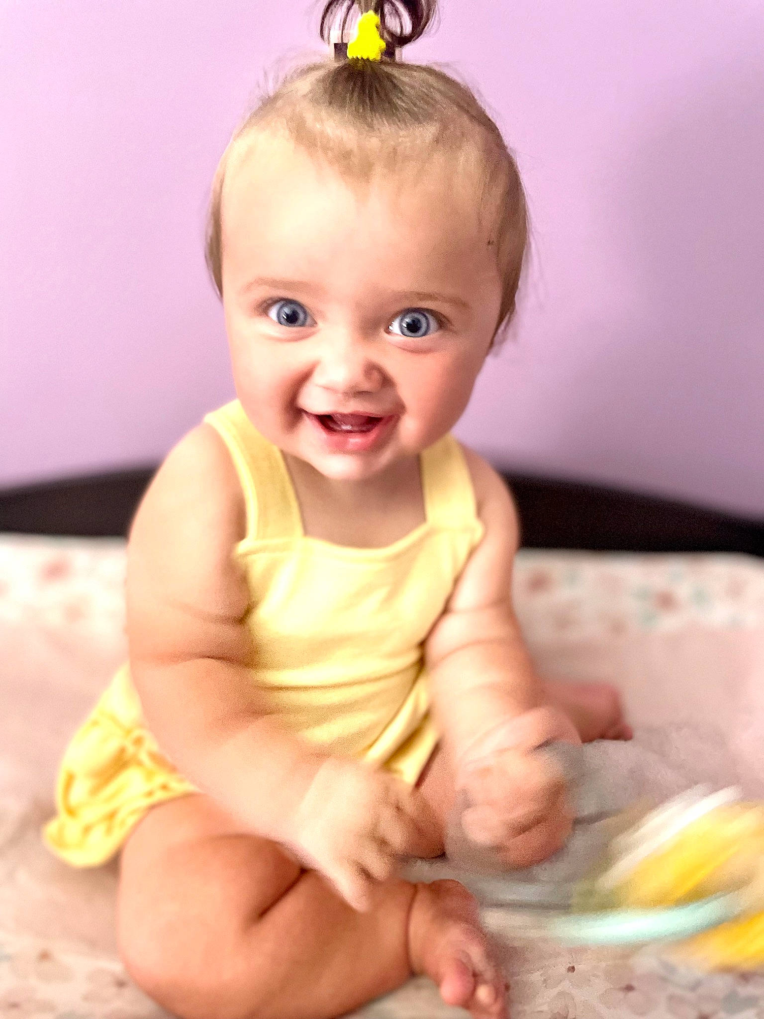 Harley is registered to the contest to win money with this photo: baby, baby_toddler_clothing, cheek, chin, dress, eye, face, happy, head, headband, headgear, iris, neck, person, pink, skin, sleeve, smile, toddler, white