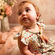 Victoria is registered to the contest to win money with this photo: toddler, child, baby, floral_dress, curious, indoor, portrait, wooden_floor, soft_lighting, cute, sitting, face, person, flowers, background, warm_colors, skin, head, eyes, young