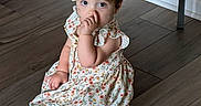 Victoria joined the competition — help win amazing prizes! child, toddler, baby, floor, wooden_floor, dress, floral_pattern, sitting, indoors, table, pink_cloth, tassels, curly_hair, thumb_sucking, cute, person, face, big_eyes, home, cozy