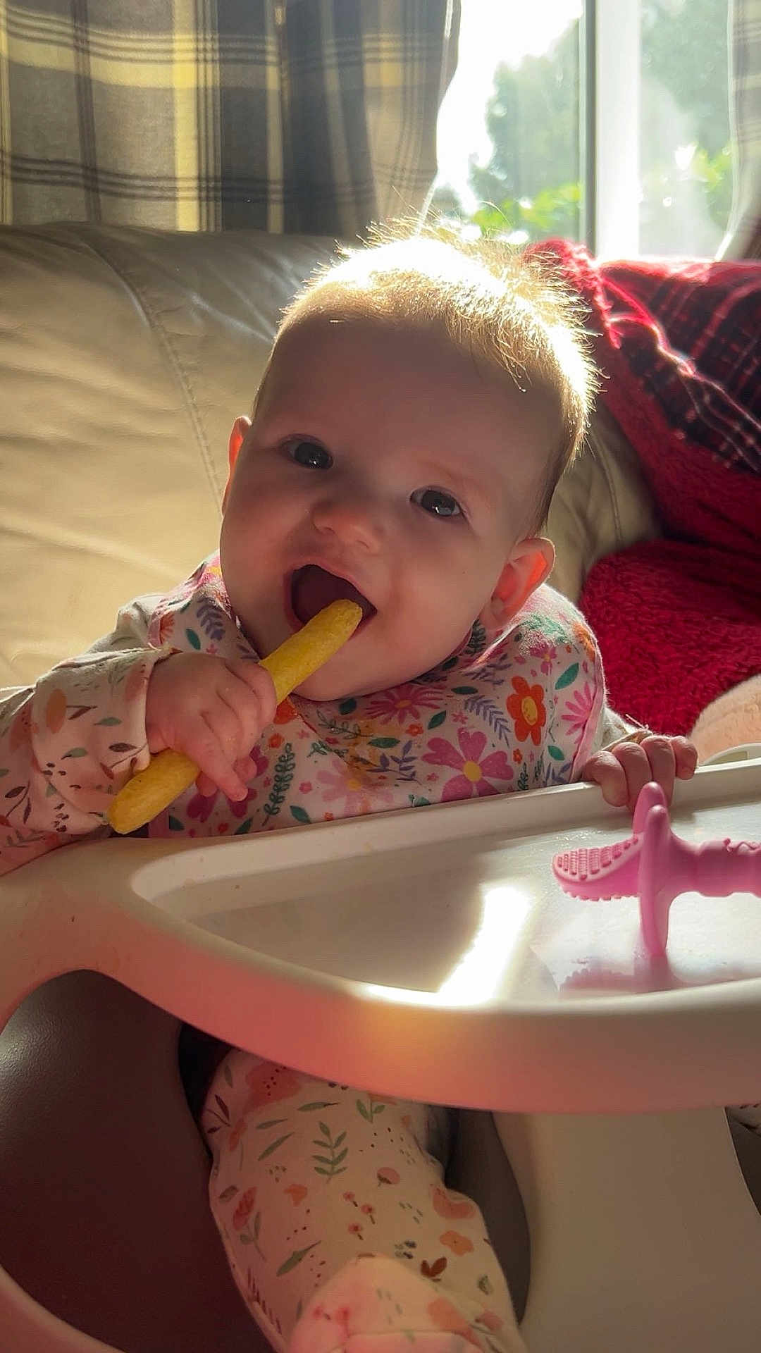 Heidi joined the competition — help win amazing prizes! baby, child, high_chair, snack, food, indoor, sunlight, window, curtains, floral_clothing, pink, hand, face, smiling, happy, infant, teething_toy, table, home, cozy