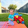 toddler, child, curly_hair, toy_car, outdoor, grass, blue_sky, striped_mat, play, smile, kneeling, house, fence, greenery, daylight, casual_clothing, happy, backyard, person, summer