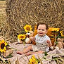 Mario is registered to the contest to win money with this photo: baby, child, curly_hair, sunflower, teddy_bear, blanket, hay_bale, outdoor, field, smiling, pillow, nature, grass, plush_toy, cute, sitting, portrait, happy, clothing, daytime