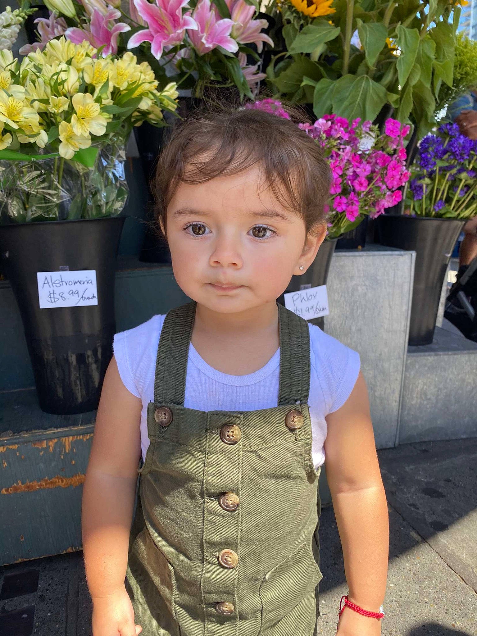 Katalina joined the competition — help win amazing prizes! baby_toddler_clothing, botany, facial_expression, flower, hairstyle, happy, iris, leaf, organ, person, petal, photograph, pink, plant, skin, sleeve, standing, textile, toddler, white