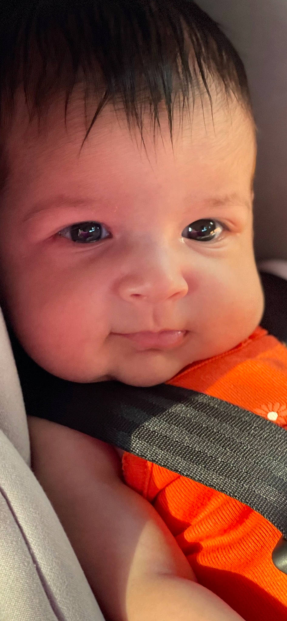 Camila joined the competition — help win amazing prizes! baby, baby_toddler_clothing, cheek, child, chin, close_up, ear, eyebrow, eyelash, flash_photography, forehead, happy, human_body, iris, lip, mouth, nose, orange, person, skin