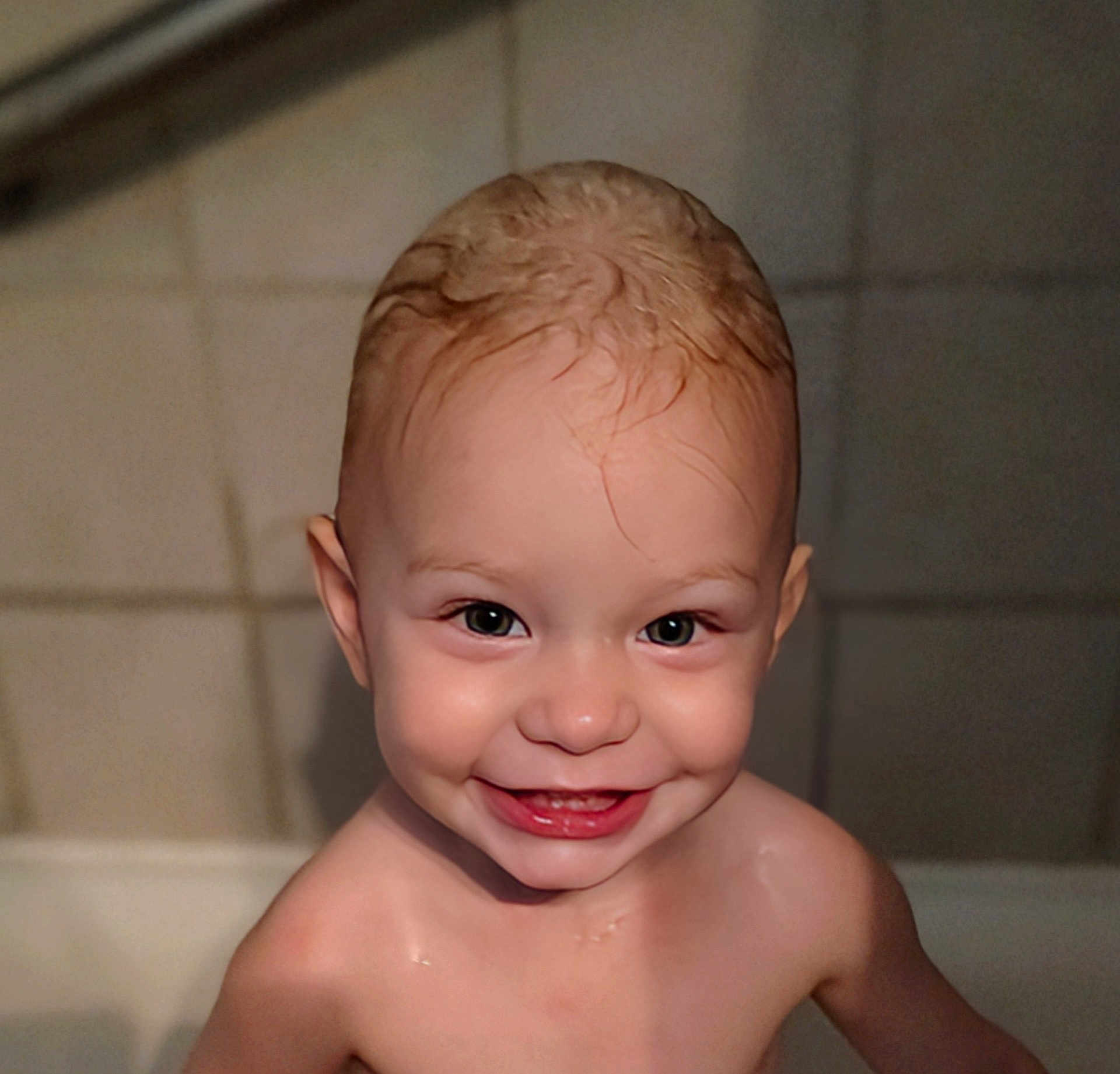 Rylee joined the competition — help win amazing prizes! toddler, child, smile, wet_hair, bathroom, face, joyful, skin, head, person, portrait, happy, water, bare_shoulders, indoors, cute, young, expression, closeup, playful