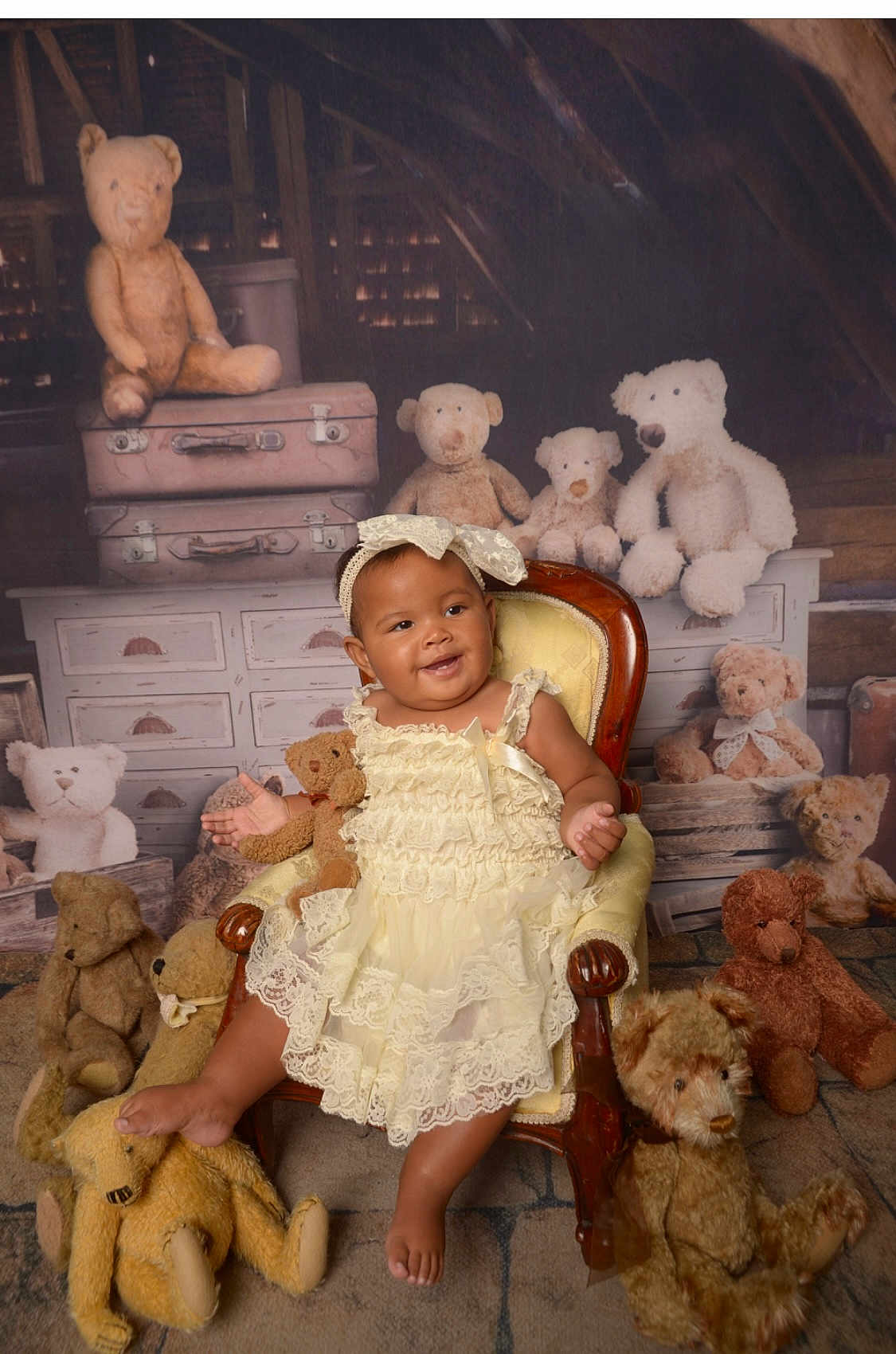 Esme joined the competition — help win amazing prizes! baby, child, teddy_bear, stuffed_animal, armchair, dress, headband, vintage, attic, furniture, smile, portrait, toy, cute, seated, plush, wood, fabric, happy, decor