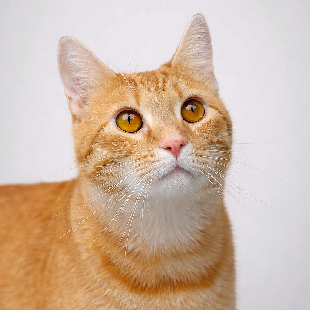 Blessed joined the competition — help win amazing prizes! amber_eyes, cat, close_up, cute, domestic_cat, ears, feline, fur, indoor, looking_up, mammal, neutral_background, orange_cat, pet, photography, pink_nose, portrait, studio_style, tabby, whiskers
