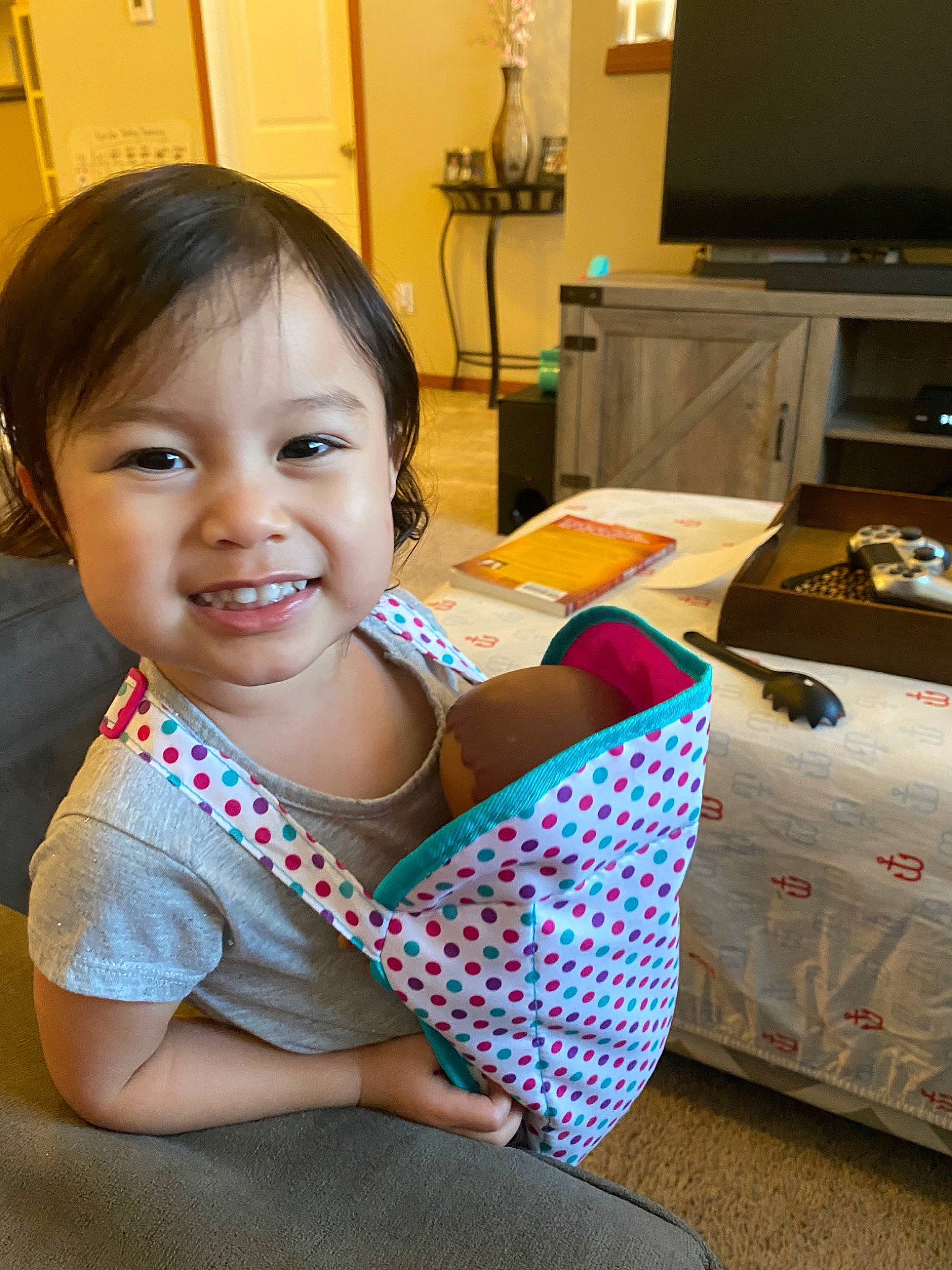 Kenzley joined the competition — help win amazing prizes! baby, child, design, joy, pattern, person, play, polka_dot, room, sitting, smile, textile, toddler