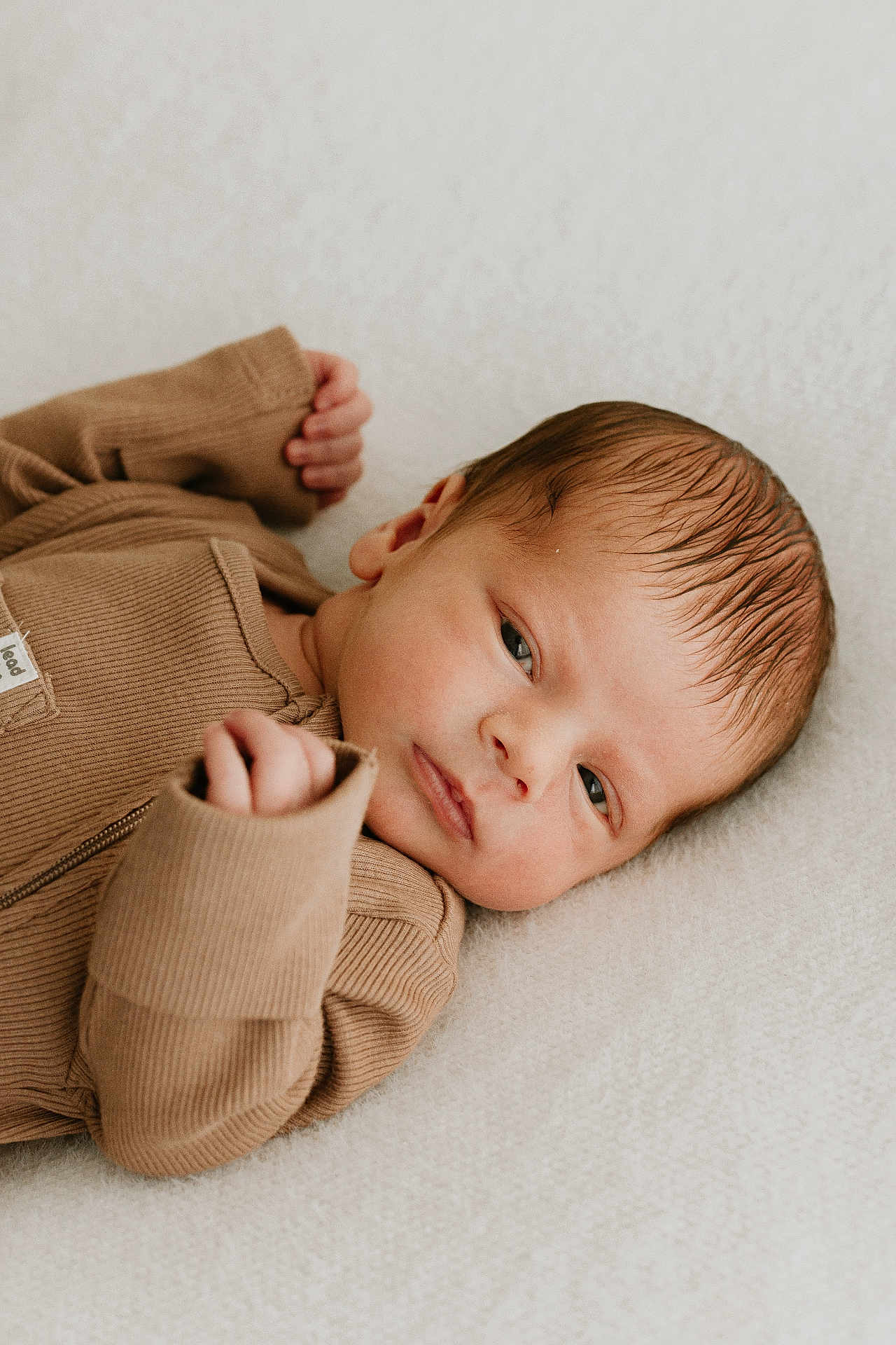 Hugo is registered to the contest to win money with this photo: newborn, baby, infant, face, clothing, brown, ribbed, hands, lying_down, blanket, soft_texture, peaceful, portrait, closeup, skin, head, expression, cute, child, indoors