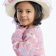Aarvi Patel is registered to the contest to win money with this photo: child, girl, hat, sweater, pastel_colors, pink, portrait, cute, smile, face, long_sleeves, knitwear, fashion, young, studio, pose, headwear, cozy, childhood, person