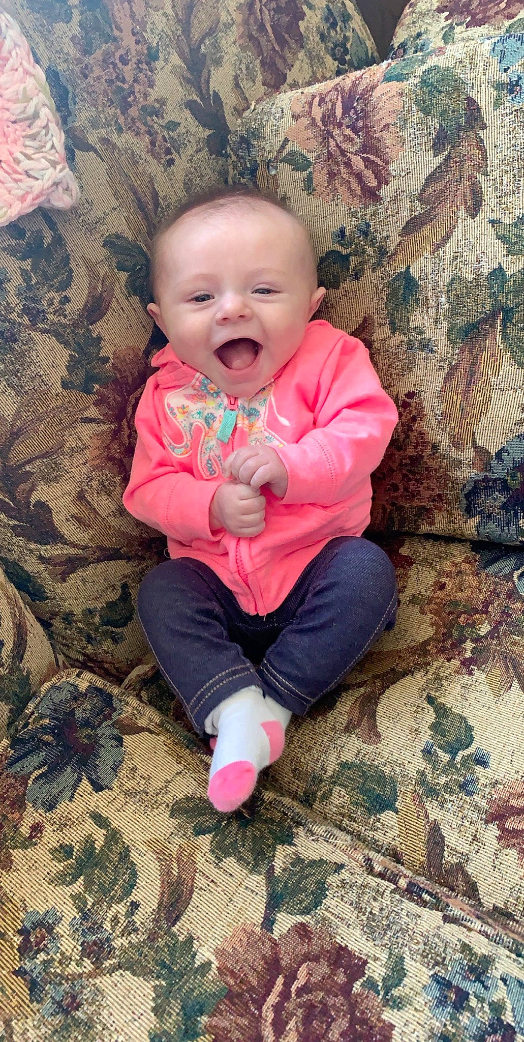 Addison joined the competition — help win amazing prizes! baby, cheek, child, face, head, lip, person, pink, sitting, skin, smile, toddler