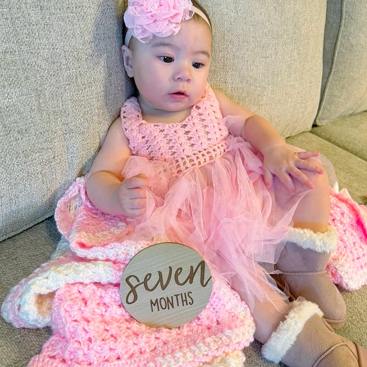 Athena joined the competition — help win amazing prizes! baby, bonnet, cap, clothing, costume, couch, cushion, dress, face, furniture, hat, head, homedecor, hosiery, person, photography, portrait, sitting, sock, toy