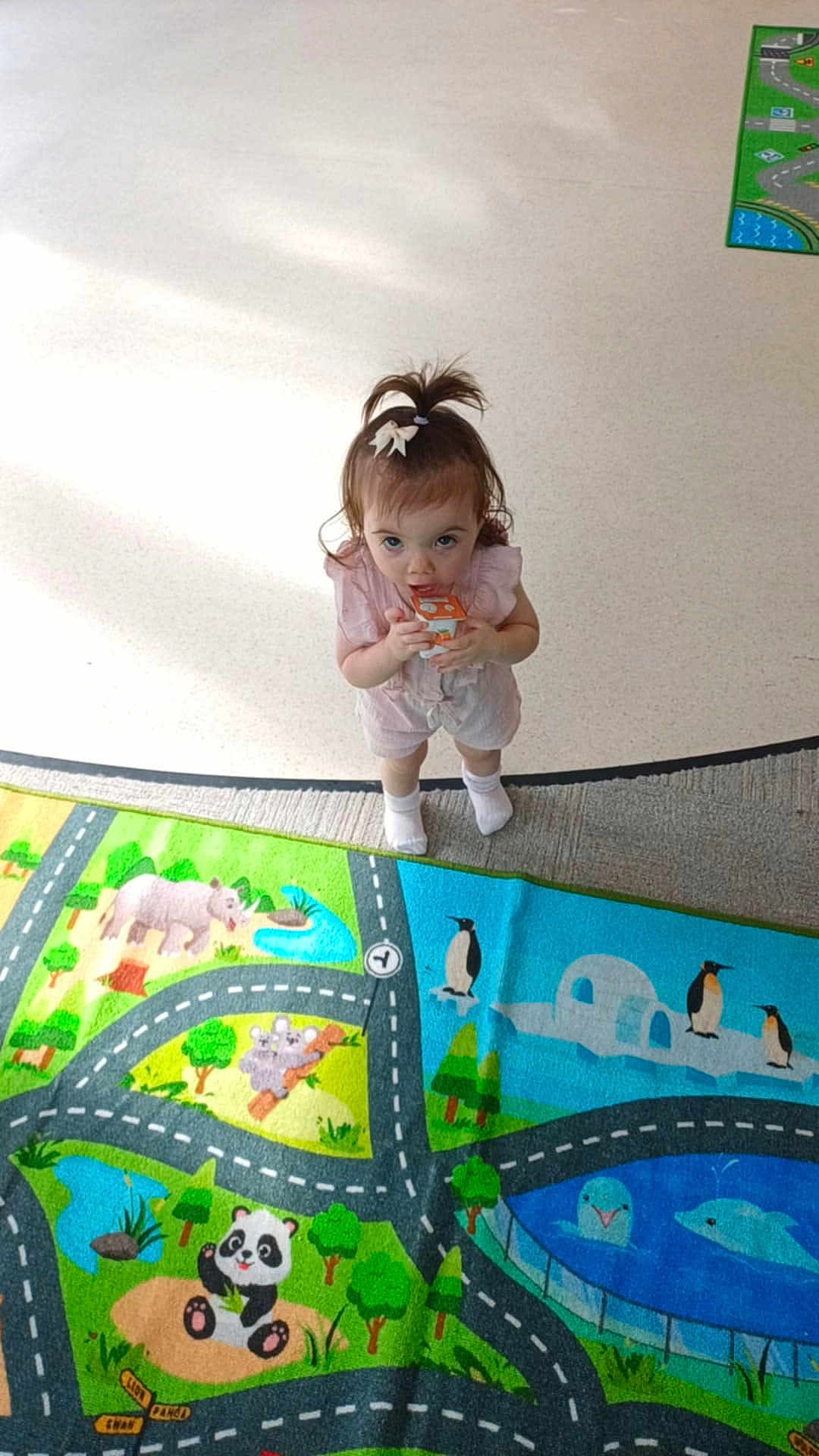 Willow Mae is registered to the contest to win money with this photo: toddler, child, indoor, play_mat, colorful, toy, clothing, socks, animal_illustrations, panda, penguin, dolphin, koalas, rhino, road_pattern, person, looking_up, hair_bow, curious, floor
