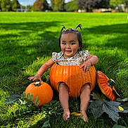 Luna joined the competition — help win amazing prizes! toddler, child, pumpkin, grass, outdoor, autumn, smiling, greenery, leaves, nature, sunlight, blue_sky, clouds, cute, sitting, playful, holiday, fall, person, daytime