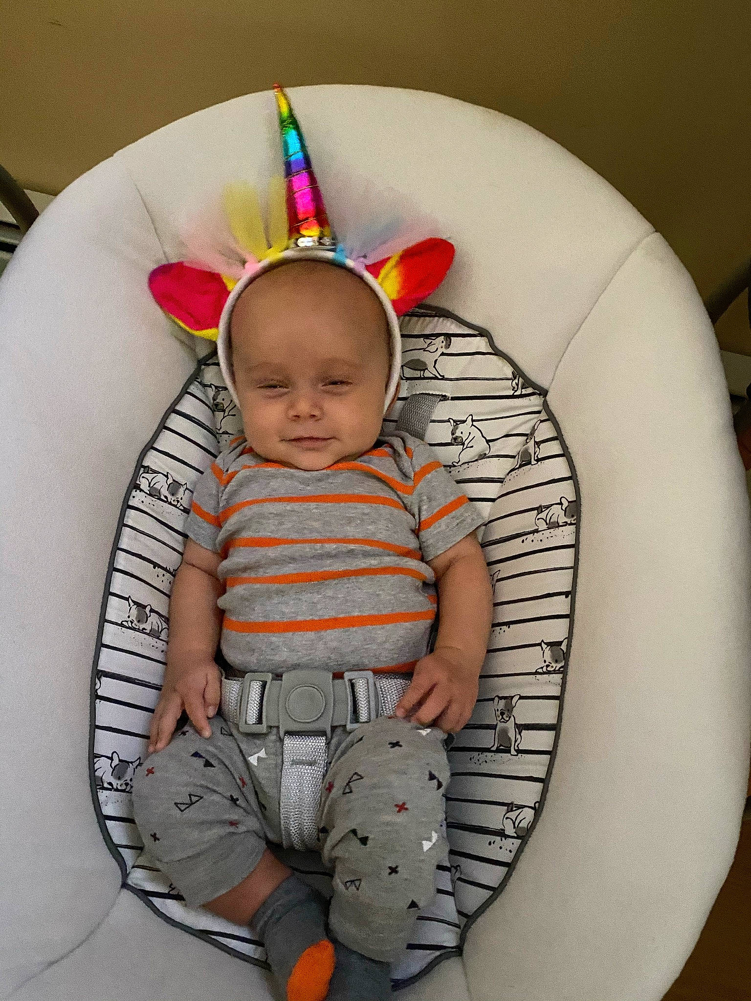 Lincoln is registered to the contest to win money with this photo: baby, baby_products, baby_sleeping, baby_toddler_clothing, baby_toys, chair, child, circle, comfort, eye, happy, leg, linens, organ, pattern, person, room, sitting, sleeve, t_shirt