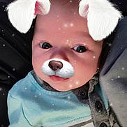 Cotton is registered to the contest to win money with this photo: baby, child, face, dog_filter, ears, nose, sparkles, blue_shirt, striped_shirt, infant, portrait, cute, digital_filter, eyes, clothing, person, closeup, adorable, young, indoor