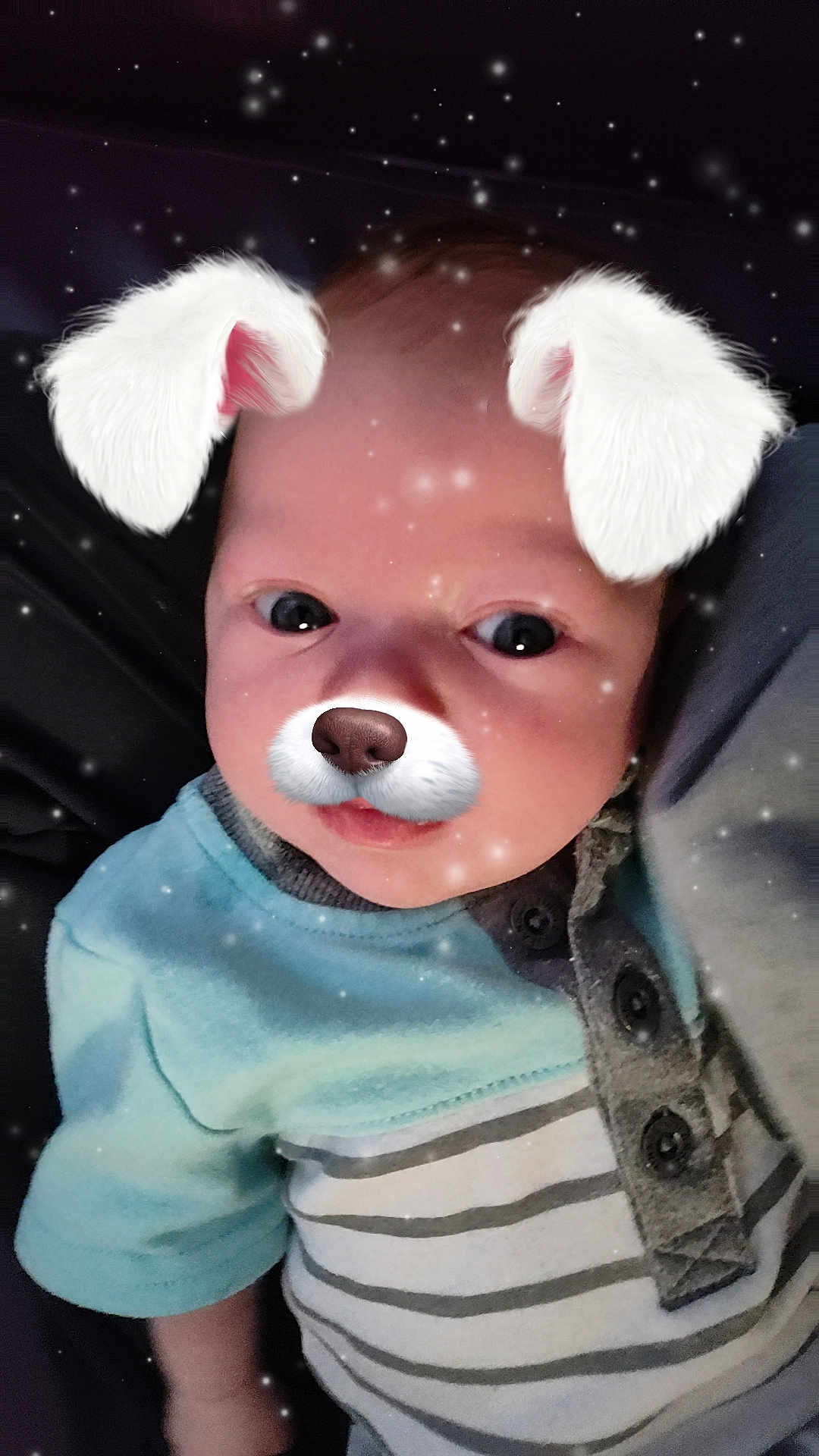 Cotton is registered to the contest to win money with this photo: baby, child, face, dog_filter, ears, nose, sparkles, blue_shirt, striped_shirt, infant, portrait, cute, digital_filter, eyes, clothing, person, closeup, adorable, young, indoor