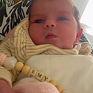Emy participe au concours pour gagner de l'argent avec cette photo : baby, beads, blanket, child, closeup, clothing, cozy, curious, cute, face, hand, indoor, infant, newborn, pink, portrait, soft, striped, toy, warm