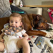 Abbey Girl joined the competition — help win amazing prizes! baby, blanket, brown_dog, companion, couch, cozy, dog, family, indoor, infant, lying_down, nursery, onesie, pet, portrait, sitting, sleeping, smiling, stuffed_animal, toy