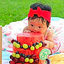 baby, child, watermelon, fruit, cake, grapes, blueberries, strawberries, red_bow, headband, blanket, outdoor, grass, milestone, celebration, crawling, cute, summer, food, colorful