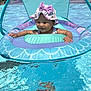 baby, child, pool, water, float, inflatable, hat, bow, sunshade, swimming, summer, outdoor, smiling, happy, vacation, recreation, blue, sky, sunlight, fun