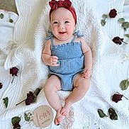Hadley is registered to the contest to win money with this photo: baby, infant, smiling, red_bow, headband, blue_outfit, white_blanket, rose_petals, green_leaves, wooden_plaque, four_months, name_embroidery, milestone, portrait, cute, sitting, happy, indoor, decorative, child