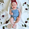 baby, infant, smiling, red_bow, headband, blue_outfit, white_blanket, rose_petals, green_leaves, wooden_plaque, four_months, name_embroidery, milestone, portrait, cute, sitting, happy, indoor, decorative, child