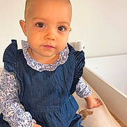 Louane a rejoint le concours — aidez-le/la à gagner de superbes lots ! toddler, child, face, portrait, denim_dress, floral_shirt, sitting, indoor, curious, cute, baby, person, clothing, hand, skin, young_child, innocence, soft_light, background, eyes