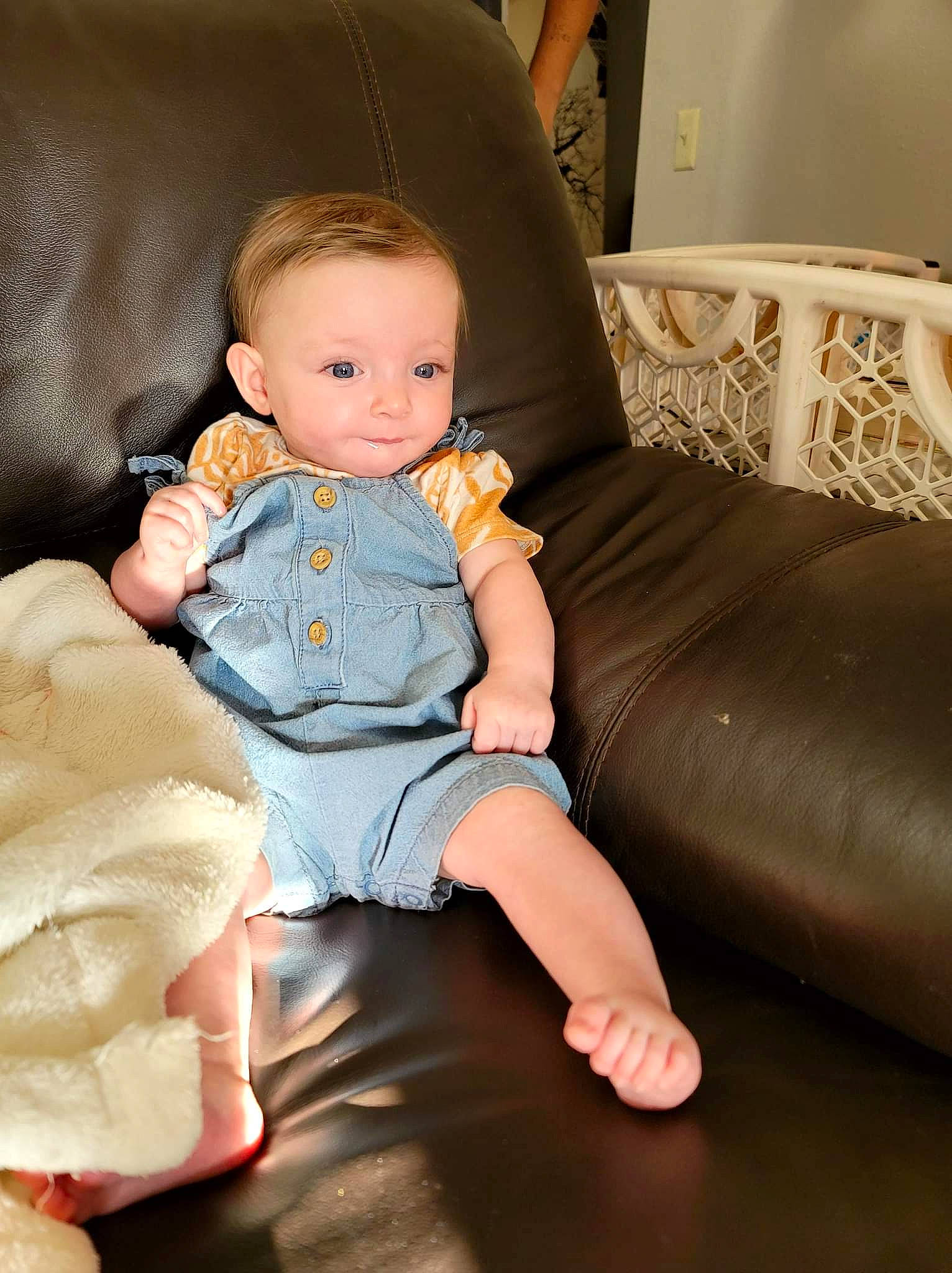 Adelaide joined the competition — help win amazing prizes! baby, baby_toddler_clothing, cheek, chin, comfort, couch, finger, flash_photography, flooring, hairstyle, iris, joint, leg, mouth, neck, person, shoulder, skin, sleeve, toddler