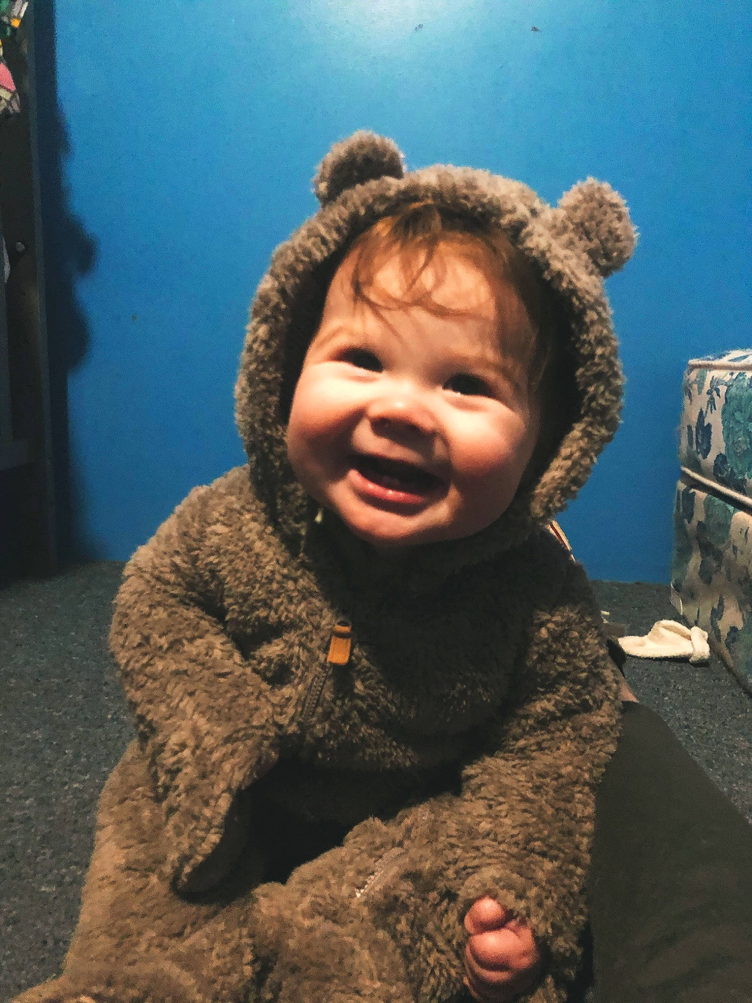 Kaelen joined the competition — help win amazing prizes! cheek, child, fur, laugh, person, pleased, stuffed_toy, toddler, tongue, tooth, wool