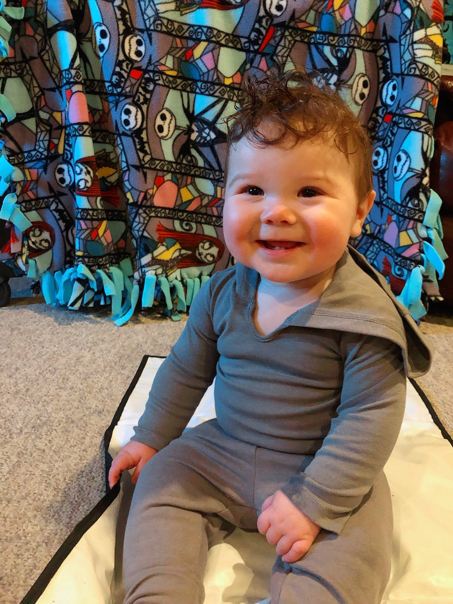 Kaelen is registered to the contest to win money with this photo: baby, baby_laughing, baby_toddler_clothing, cheek, child, comfort, ear, facial_expression, happy, joy, lap, laugh, mouth, nose, person, sitting, toddler