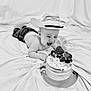 baby, child, cake, cowboy_hat, berries, celebration, smiling, happy, portrait, indoor, white_background, food, cream, sitting, cute, infant, playful, fun, young, messy