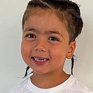 Nayel participe au concours pour gagner de l'argent avec cette photo : child, smiling, braids, hair, white_shirt, portrait, face, happy, young, cute, childhood, skin, person, indoors, casual, fashion, headshot, expression, human, background