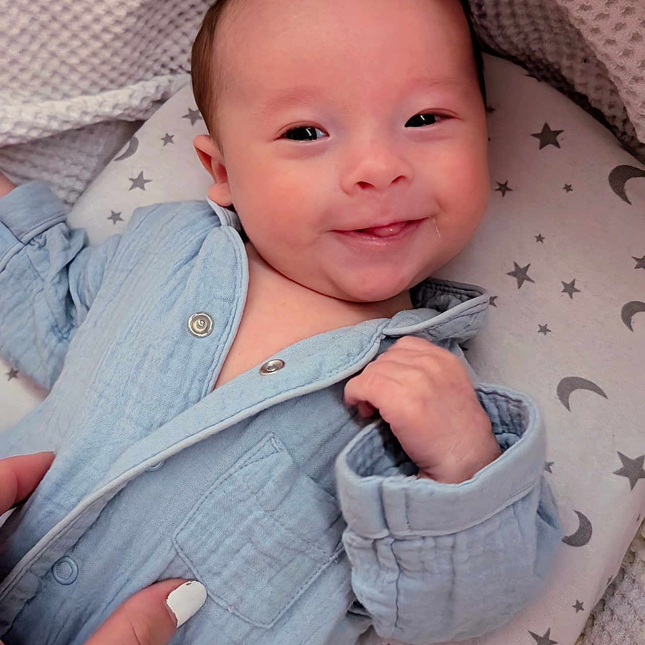 Flint joined the competition — help win amazing prizes! baby, blanket, blue_clothing, button, child, cozy, cute, fabric, face, hand, happy, infant, moon, newborn, pattern, pillow, portrait, skin, smiling, stars