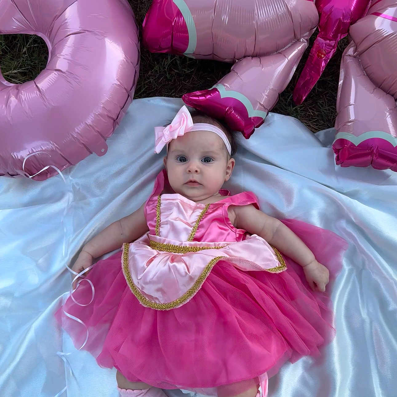 Virginia Danery is registered to the contest to win money with this photo: adorable, baby, balloons, blanket, celebration, child, cute, face, festive, grass, headband, infant, lying_down, outdoor, party, person, pink_dress, portrait, socks, tutu