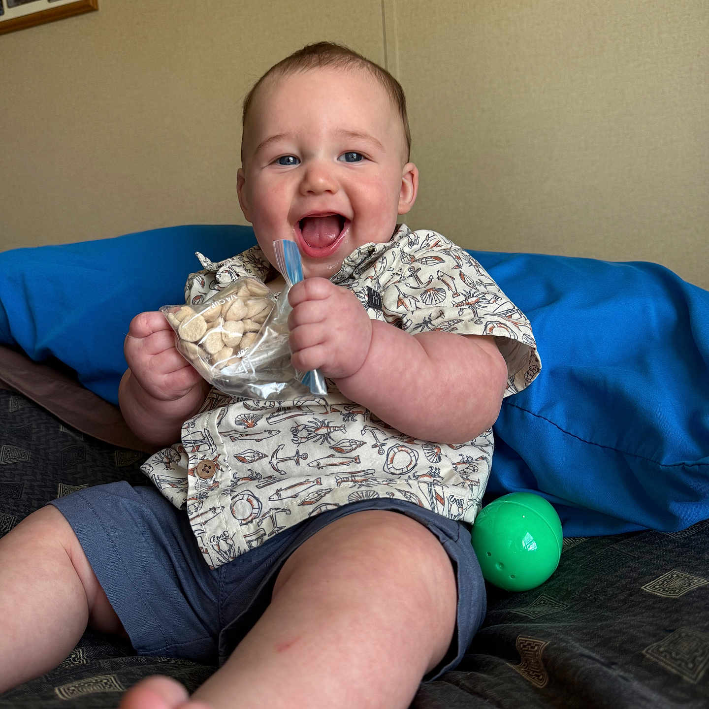 Axle Hall is registered to the contest to win money with this photo: baby, child, smiling, happy, blue_eyes, snack, shirt, shorts, toy, green_ball, bed, blanket, foot, hand, indoor, wall, picture_frame, person, infant, casual_clothing