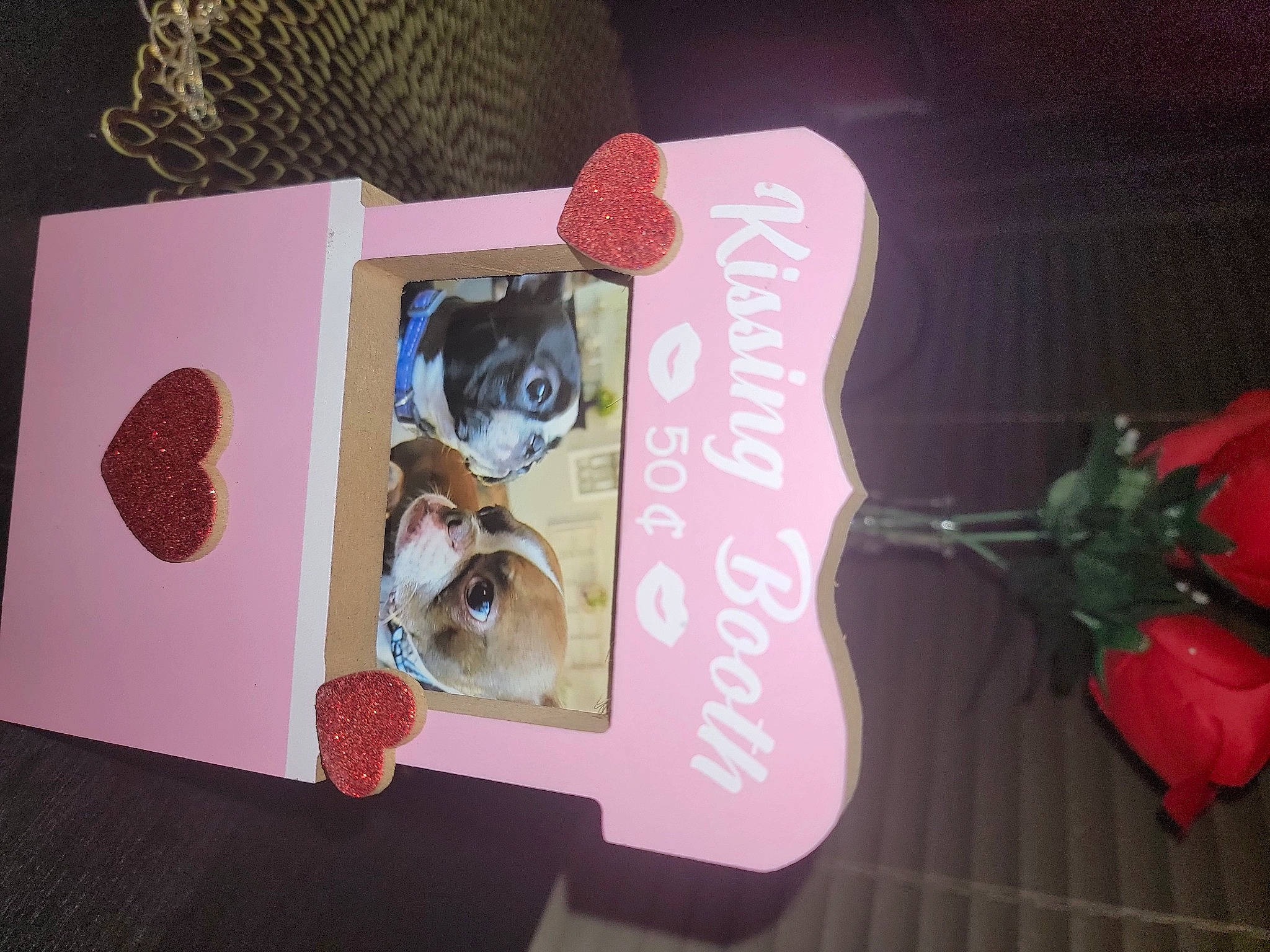 Jaxson is registered to the contest to win money with this photo: art, brown, carmine, carnivore, companion_dog, dog, event, fawn, font, linens, magenta, paper, pattern, pink, plant, room, souvenir, sweetness, toy, visual_arts