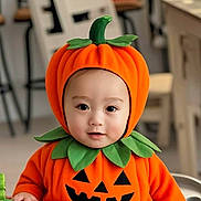 Mateo is registered to the contest to win money with this photo: baby, pumpkin_costume, orange, green, cute, child, indoor, costume, halloween, smile, face, headwear, leaf, sitting, toy, person, infant, holiday, playful, adorable