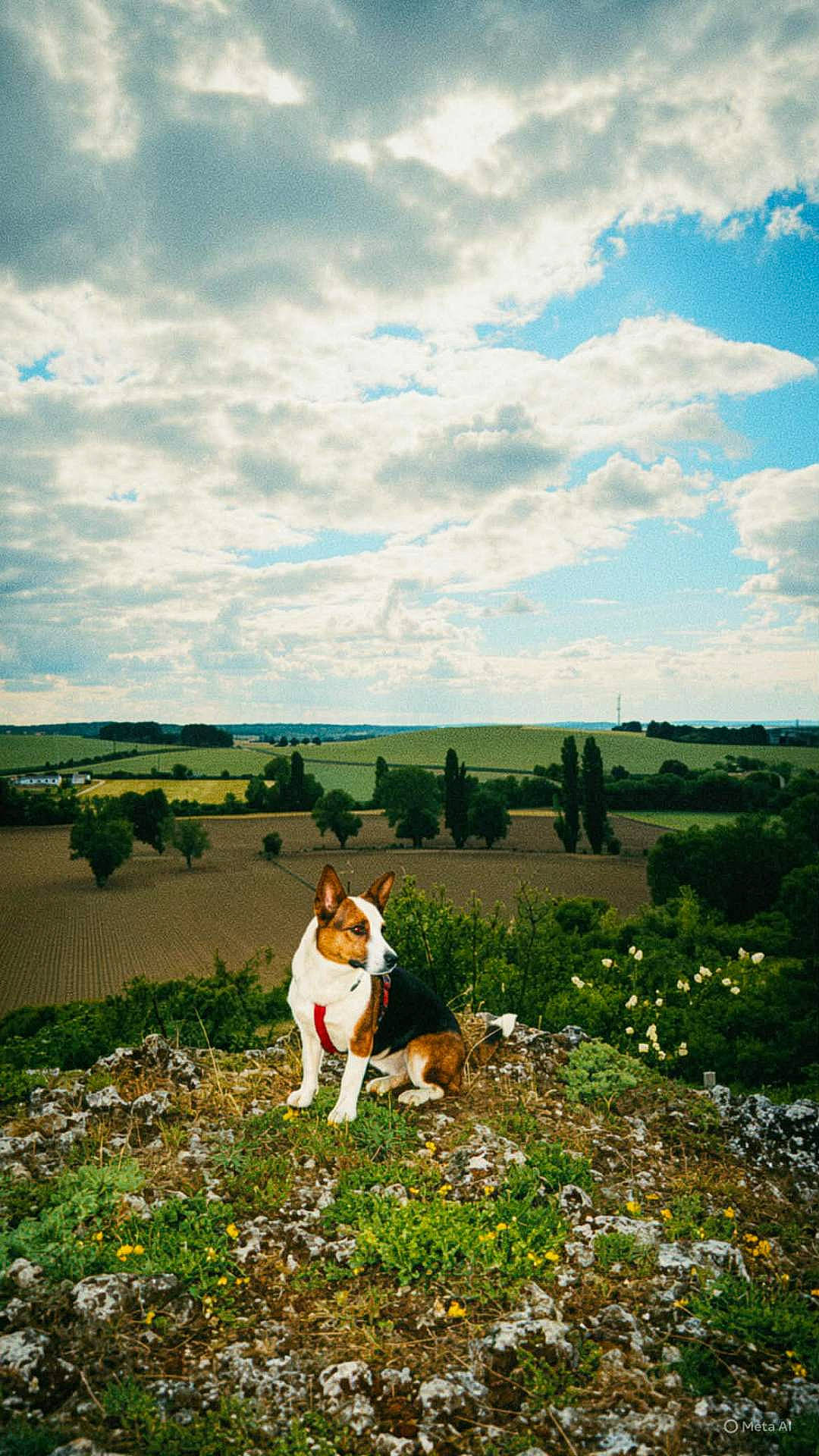 animal, canine, clouds, daylight, dog, field, flora, grass, greenery, harness, hill, landscape, nature, outdoor, pet, rock, rural, scenic, sky, tree