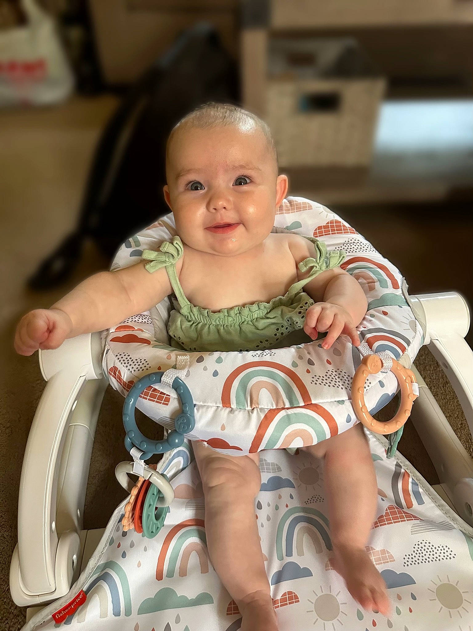Aubree is registered to the contest to win money with this photo: baby, baby_products, baby_toddler_clothing, carmine, chair, child, comfort, finger, flooring, fun, happy, head, human_leg, joy, leisure, person, shorts, sitting, skin, smile