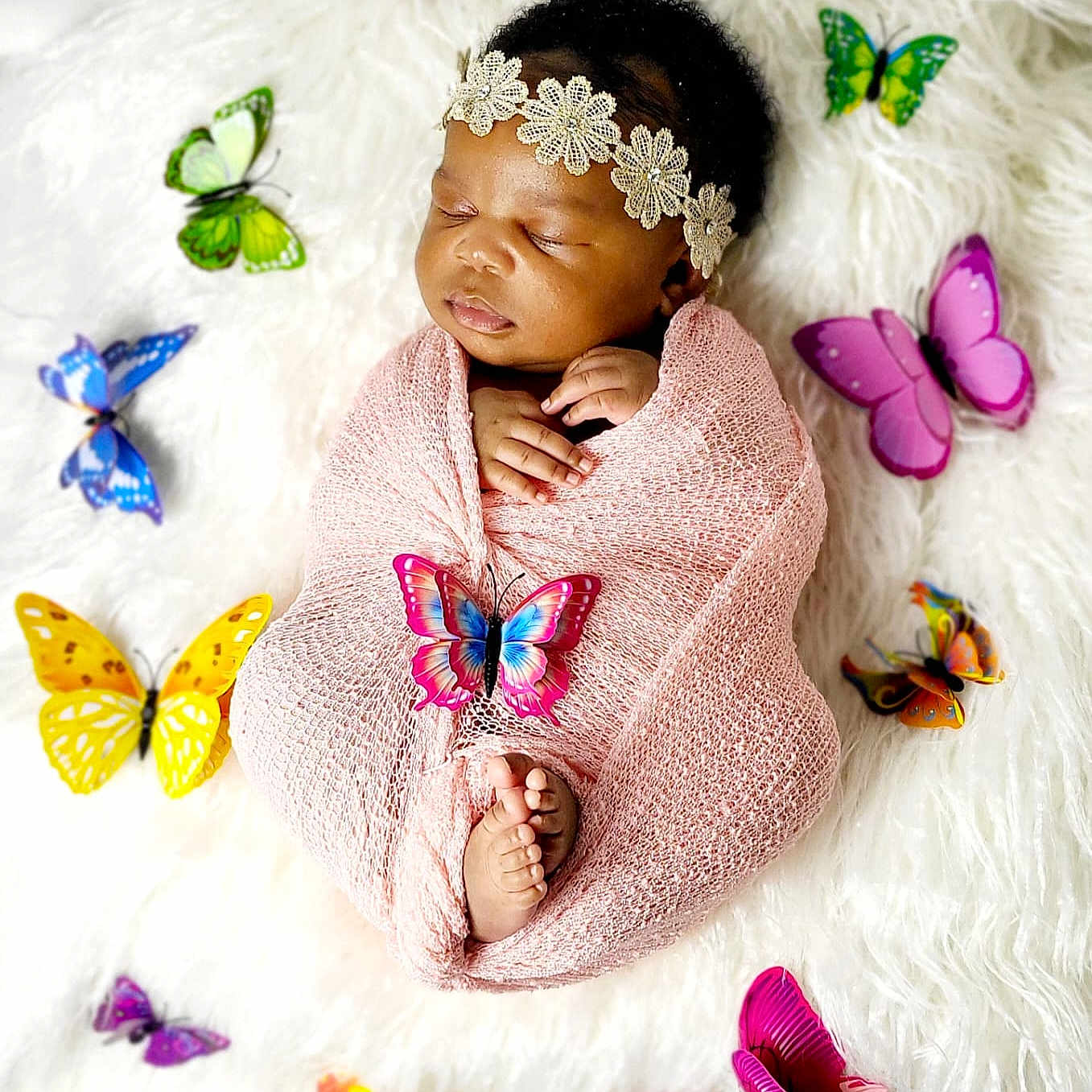 Alba joined the competition — help win amazing prizes! baby, butterflies, colorful, cozy, cute, decorative, feet, flowers, hands, headband, infant, lying_down, newborn, peaceful, pink_blanket, portrait, sleeping, soft_texture, white_background, wrapped