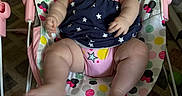 Olive is registered to the contest to win money with this photo: baby, infant, baby_rocker, pink, dress, stars, stripes, face, chubby_cheeks, sitting, indoor, carpet, patterned_floor, toy, colorful, heart_pattern, polka_dots, cute, child, smile